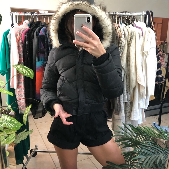 cropped puffer jacket with fur hood